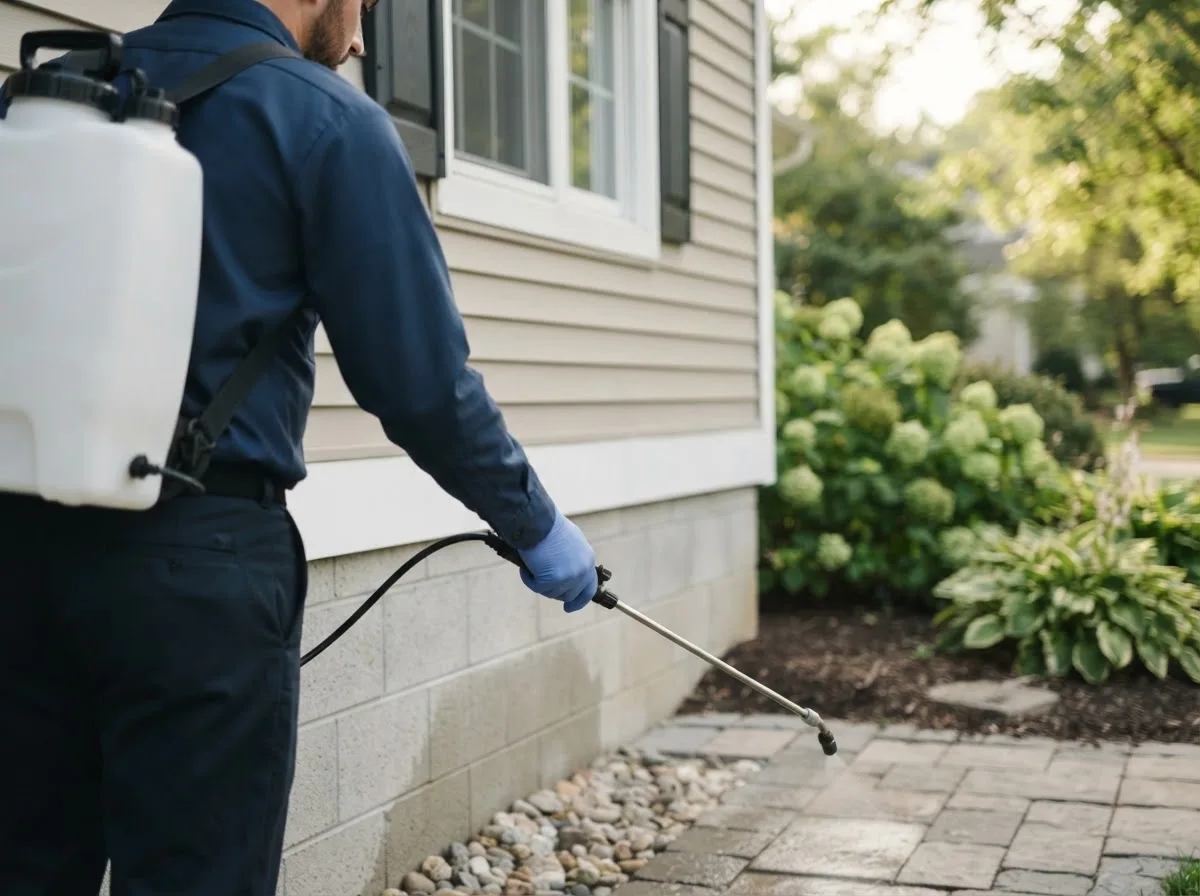 Pest control technician inspecting a home in Colcord, WV